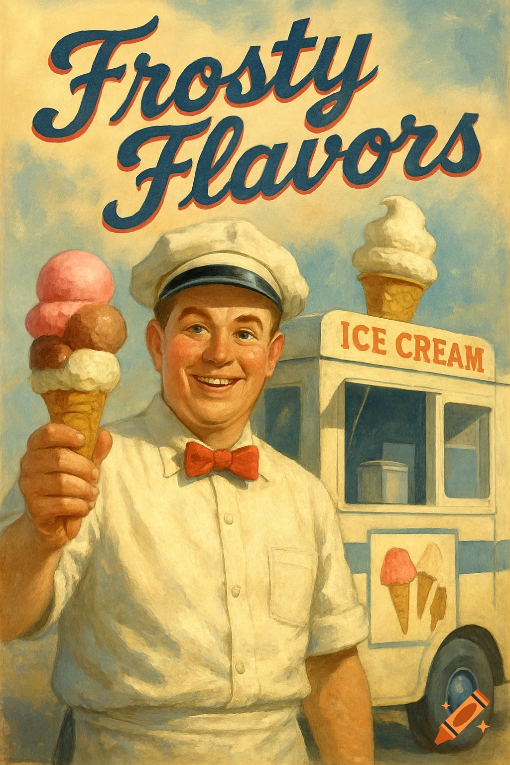 Vintage painting of a smiling ice cream man holding a large cone in front of a truck titled 'Frosty Flavors'.