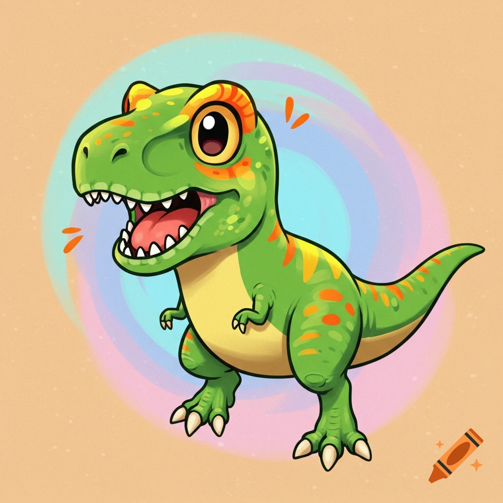 A cute green cartoon dinosaur standing with its mouth open, against a swirling pastel background.