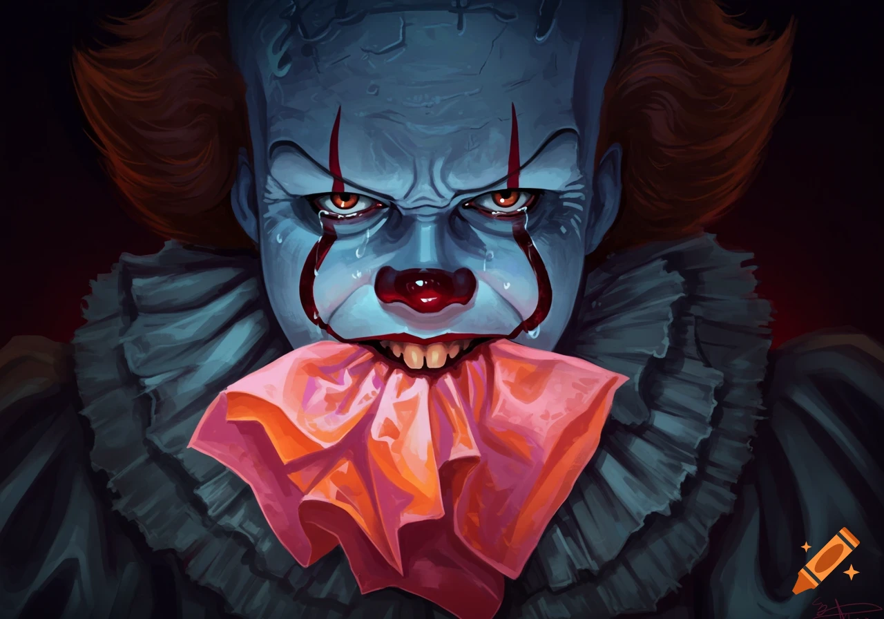 Illustrated portrait of Pennywise the clown crying while eating a pink tissue.