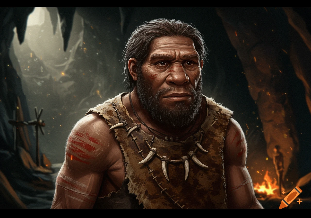 A realistic illustration of a Neanderthal man in a cave.