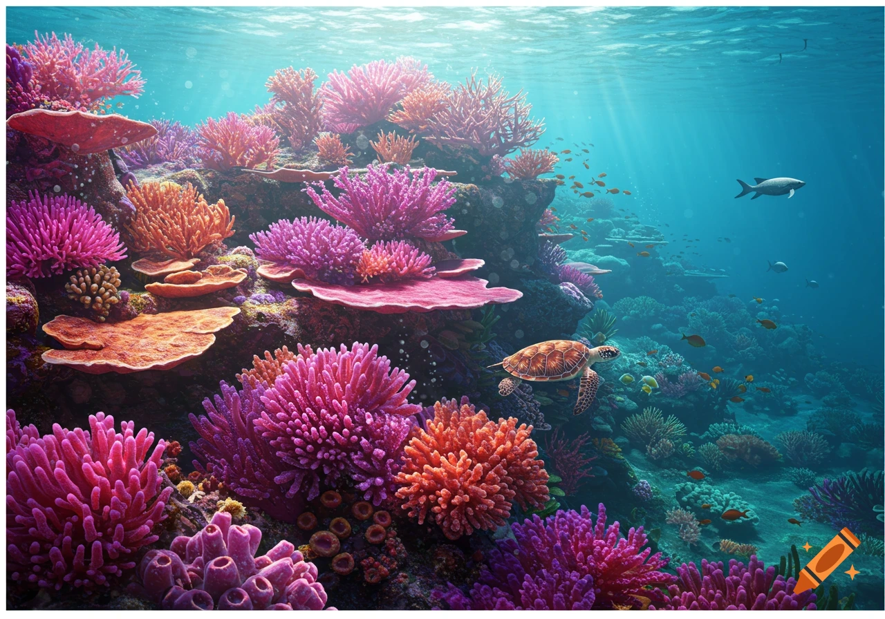 Vibrant coral reef scene with a sea turtle and fish swimming in clear blue water.
