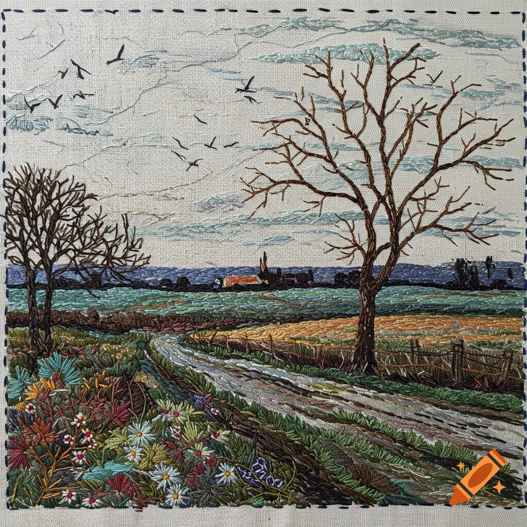 Embroidered landscape in Kantha style showing bare trees, a winding path, fields, and birds under a cloudy sky.