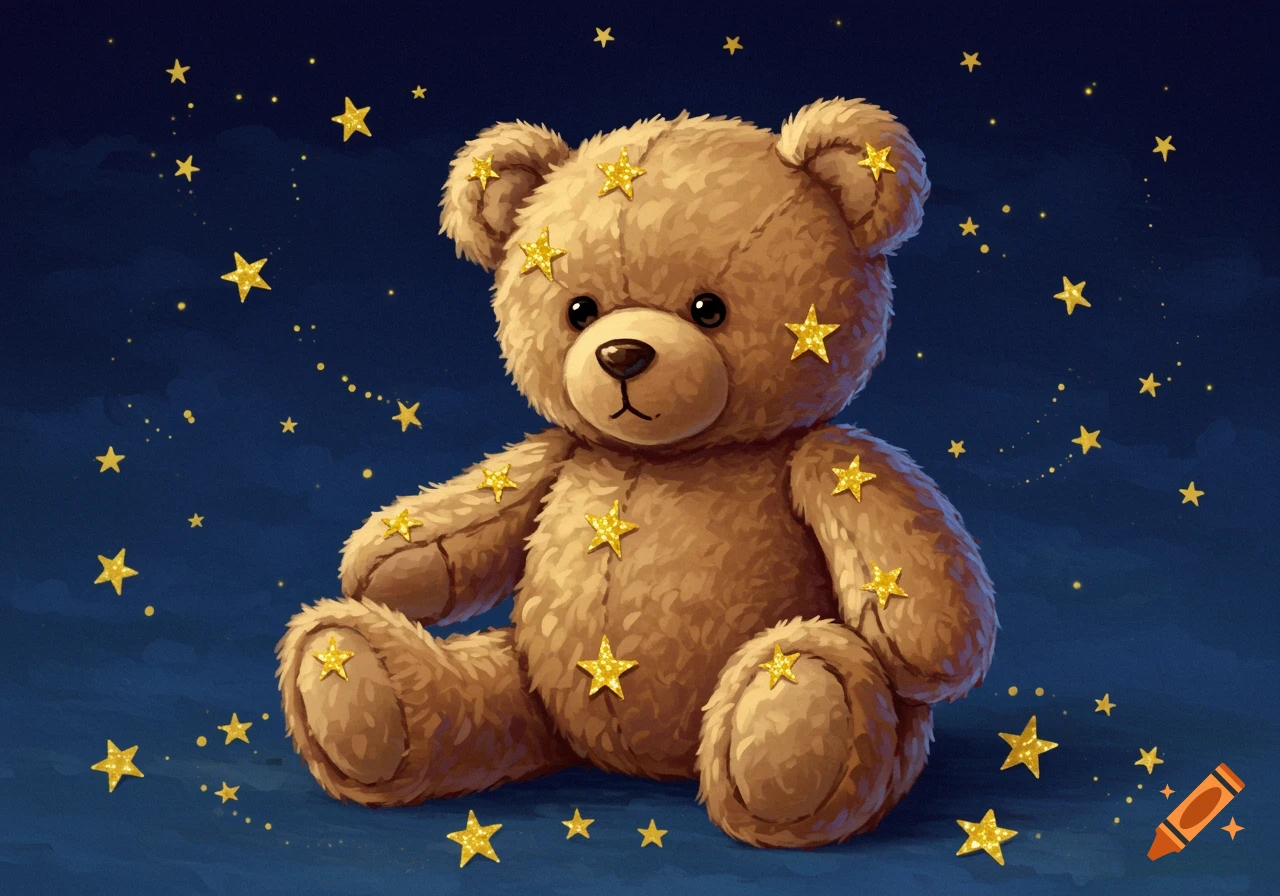 An illustration of a brown teddy bear covered in glittery yellow stars sitting against a dark blue starry background.