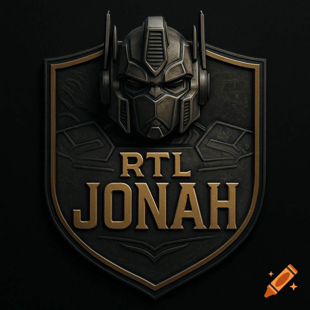 Embossed shield with a detailed robot head resembling Optimus Prime and the text 'RTL JONAH' centered.
