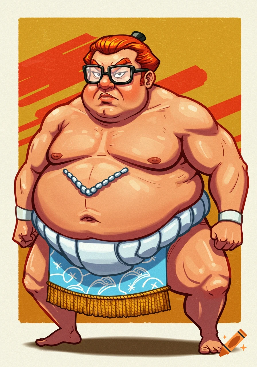 Cartoon illustration of a sumo wrestler with orange hair, glasses, and a blue mawashi.