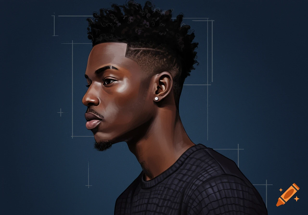 A portrait of a man with a fade haircut and textured top.