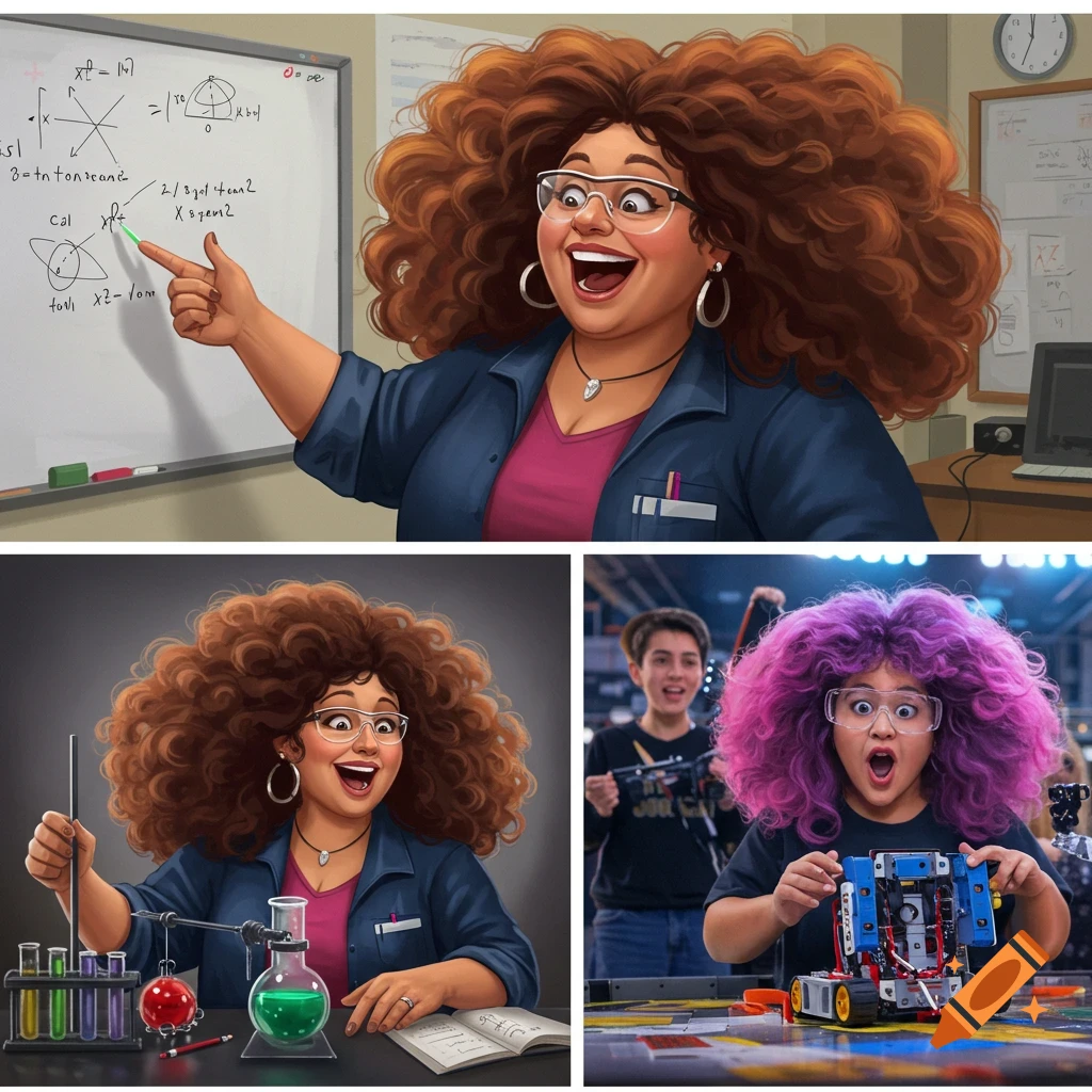 A teacher with huge curly hair teaches science at a whiteboard and in a lab, and students build a robot.