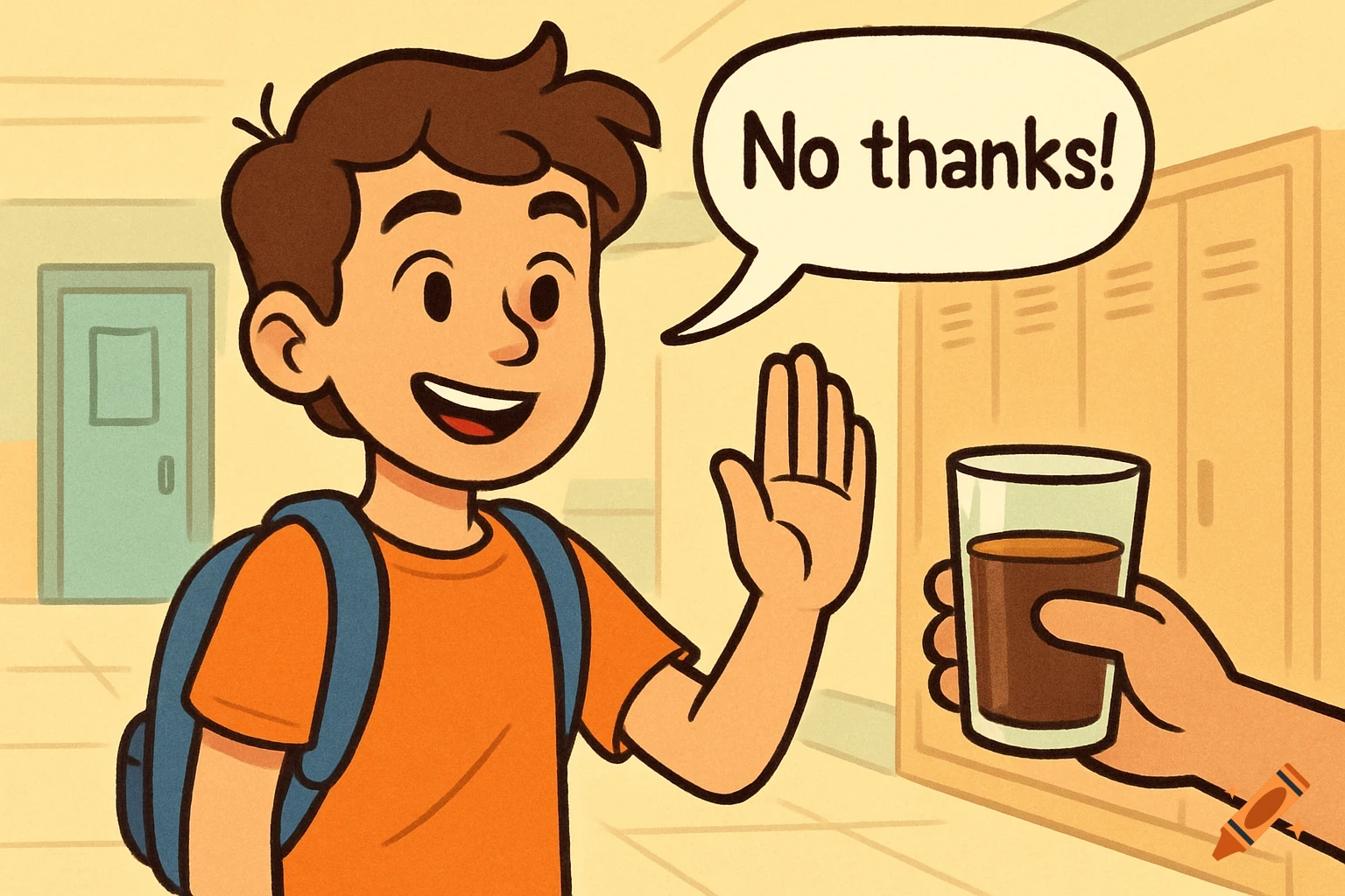 Cartoon boy in school hallway says 'No thanks!' in speech bubble, waving away a drink.