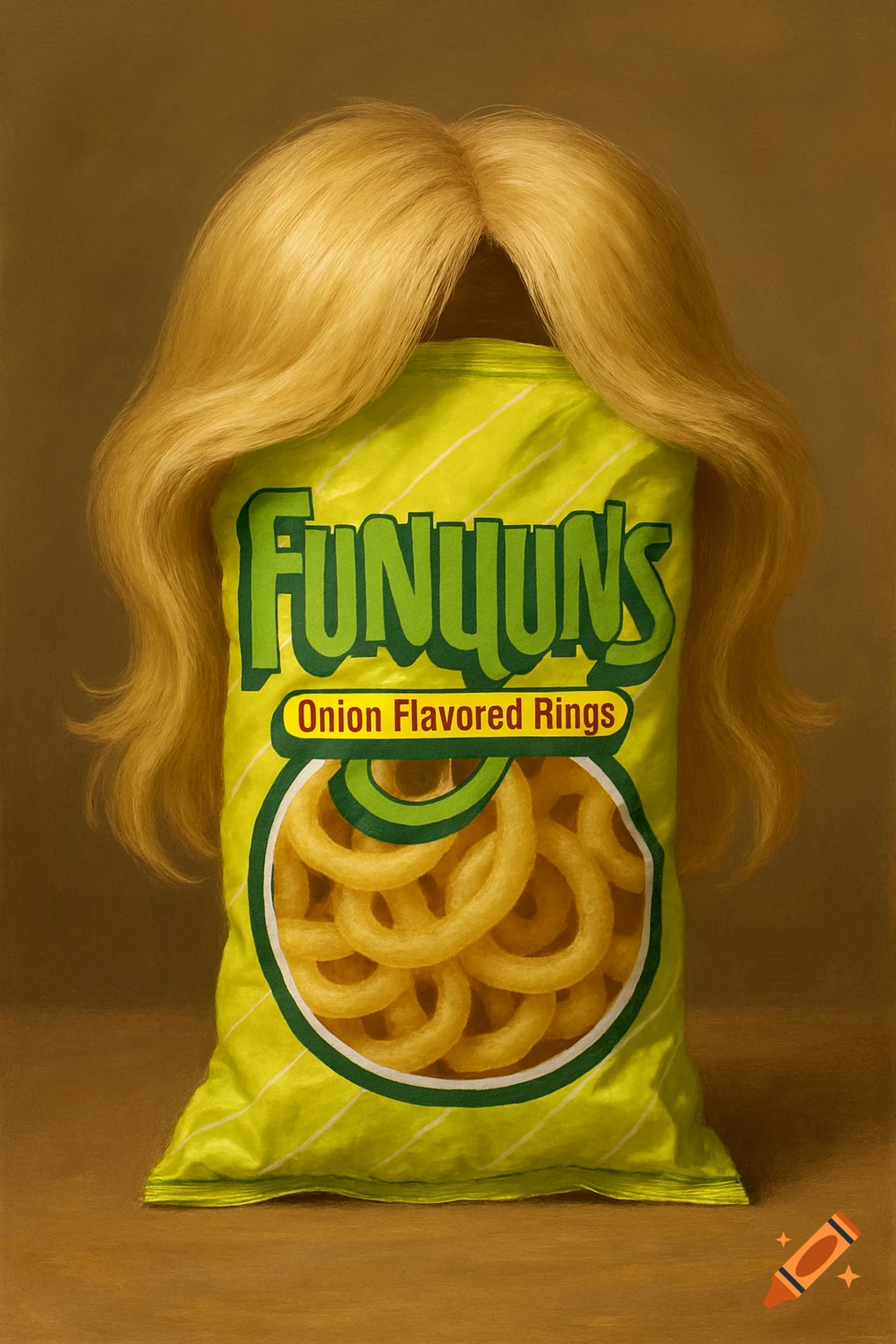 A bag of Funyuns chips wearing a blonde wig.