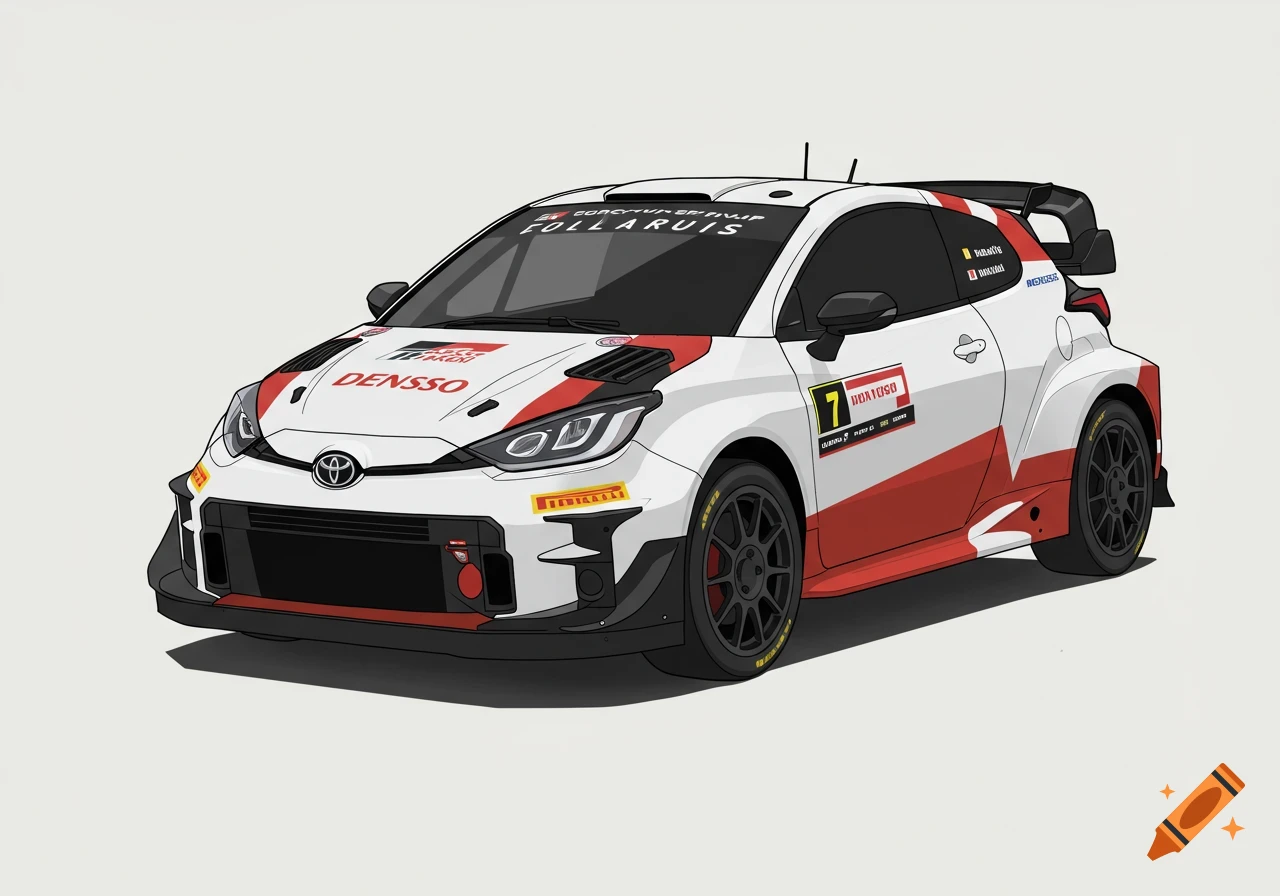 Detailed vector drawing of a white and red Toyota GR Yaris rally car.