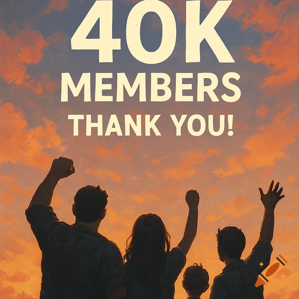 Silhouetted people raising hands against a sunset sky with text 40K MEMBERS THANK YOU!