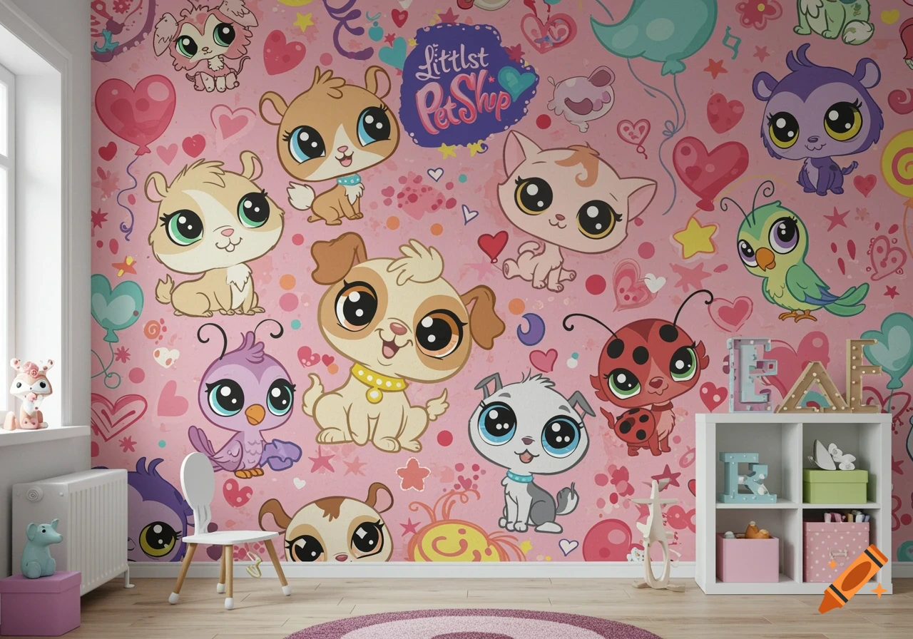Pink wallpaper with cute cartoon animals in Littlest Pet Shop style, including text 'Littlest Pet Shop'.