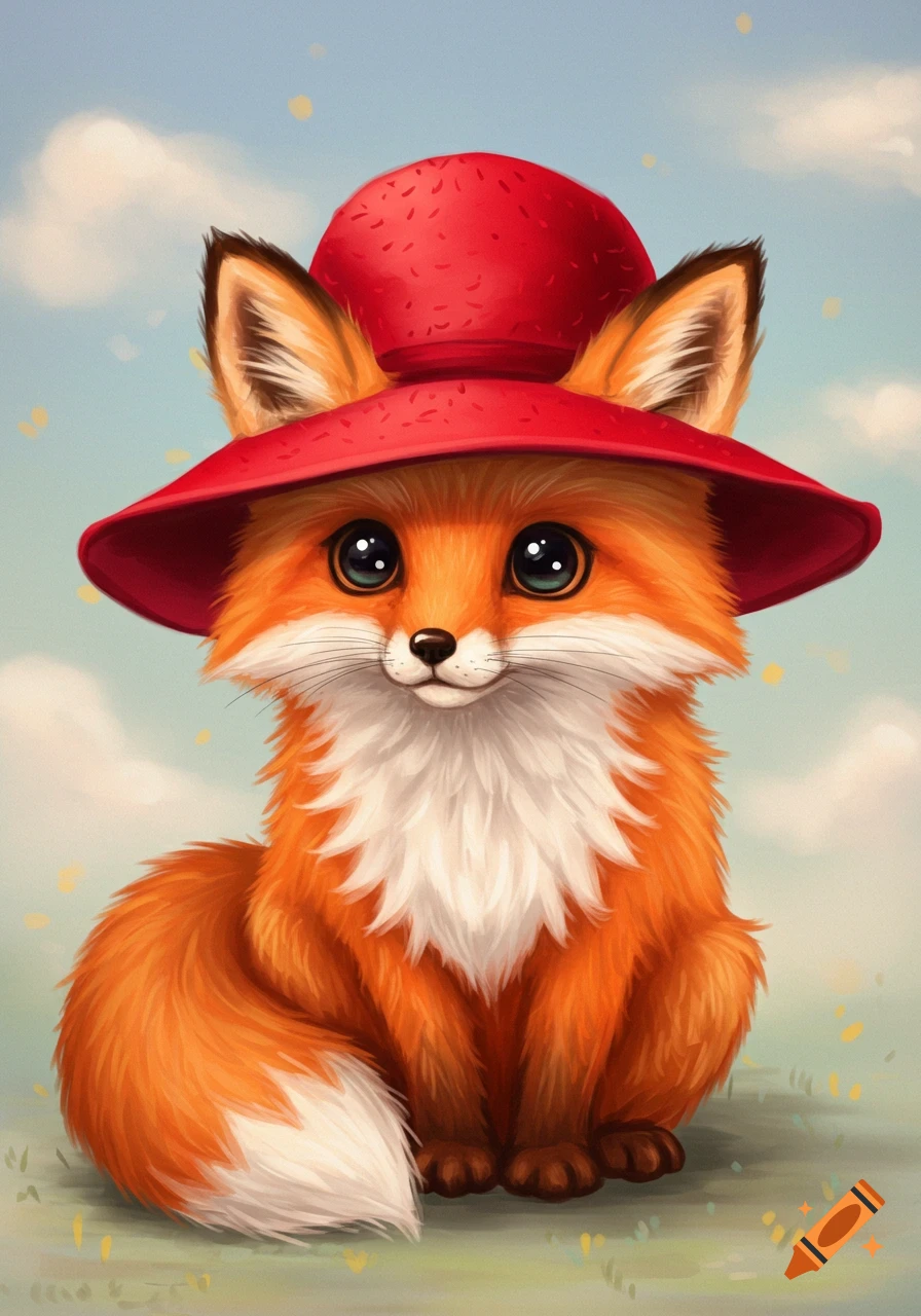 A cute illustrated fox wears a red hat.