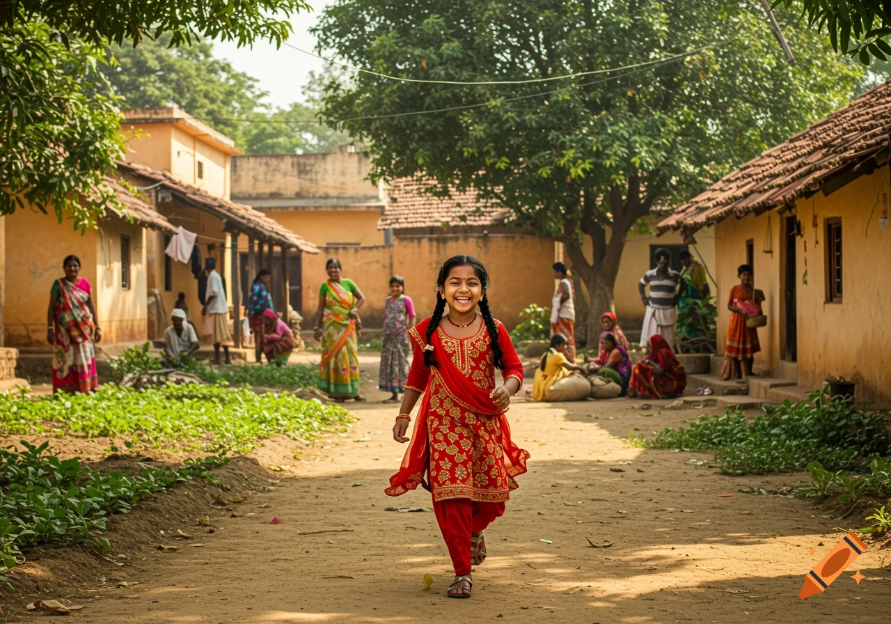 A smiling girl runs through an Indian village street with villagers and houses in the background. Photorealistic.