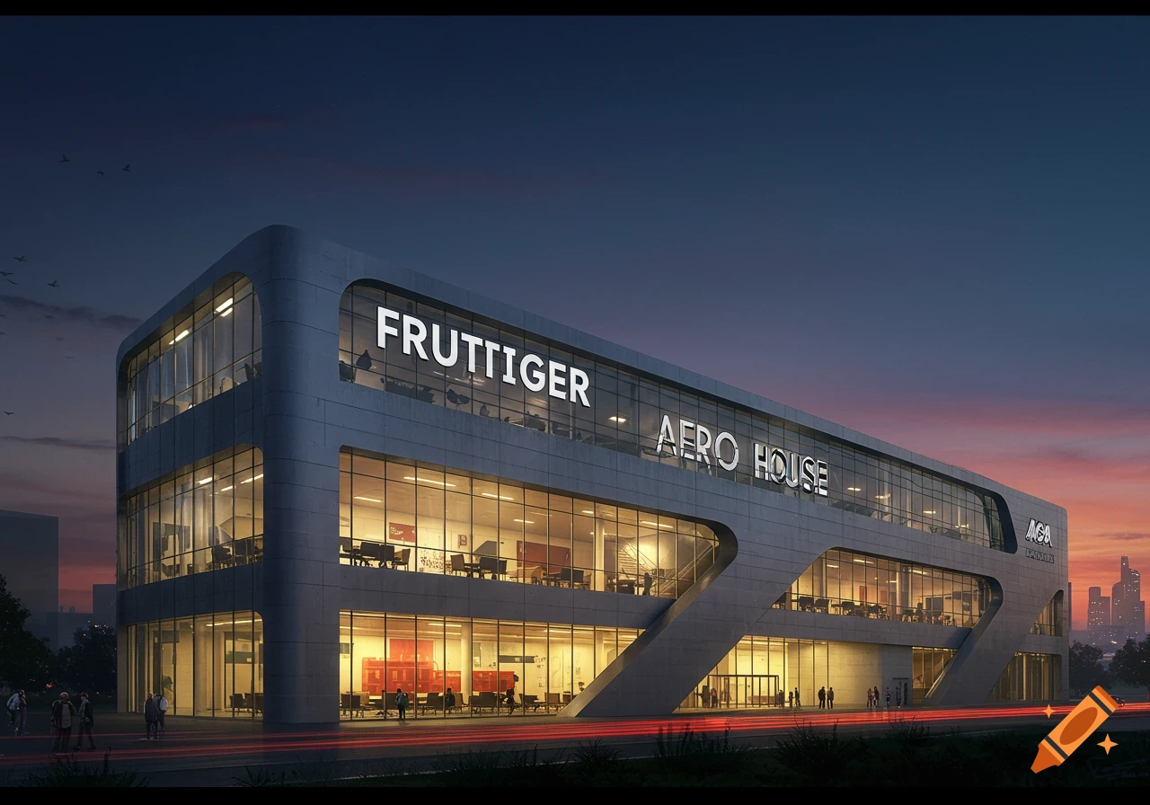 Modern office building with glass windows and 'FRUTTIGER AERO HOUSE' text lit up at sunset.