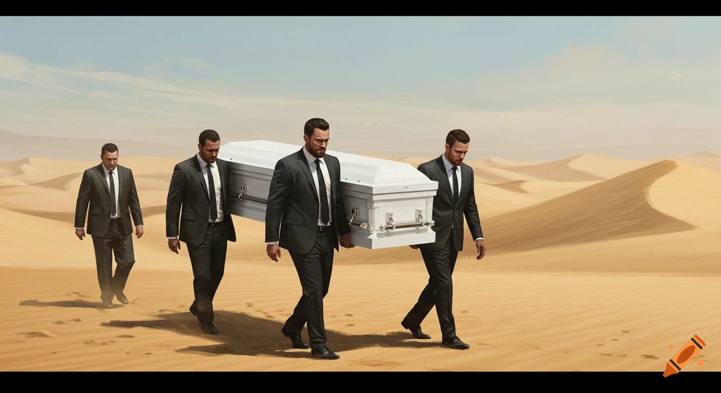 Four men in suits carry a white coffin through a desert landscape.