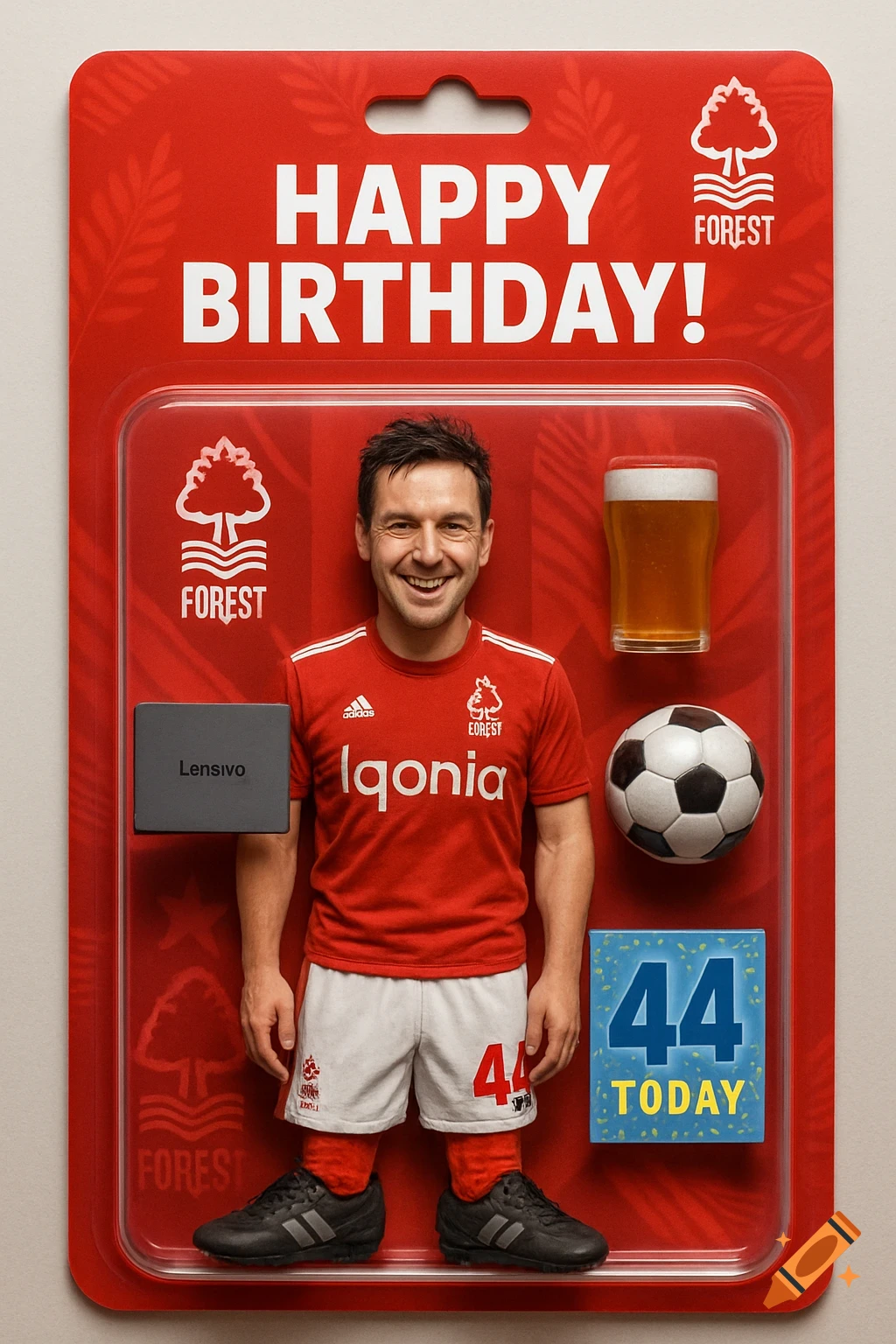 Action figure of a man in a red football kit with accessories in blister packaging.