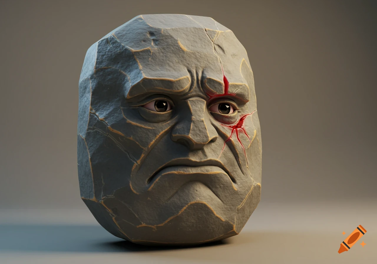 3D rendered close-up of a sad stone head with red cracks around the eye and eyebrow.