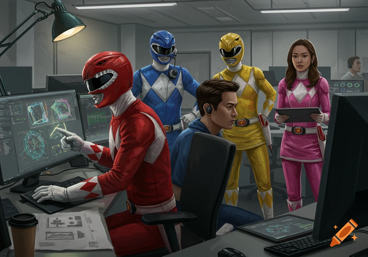 Power Rangers and a human colleague work on computers in an office.