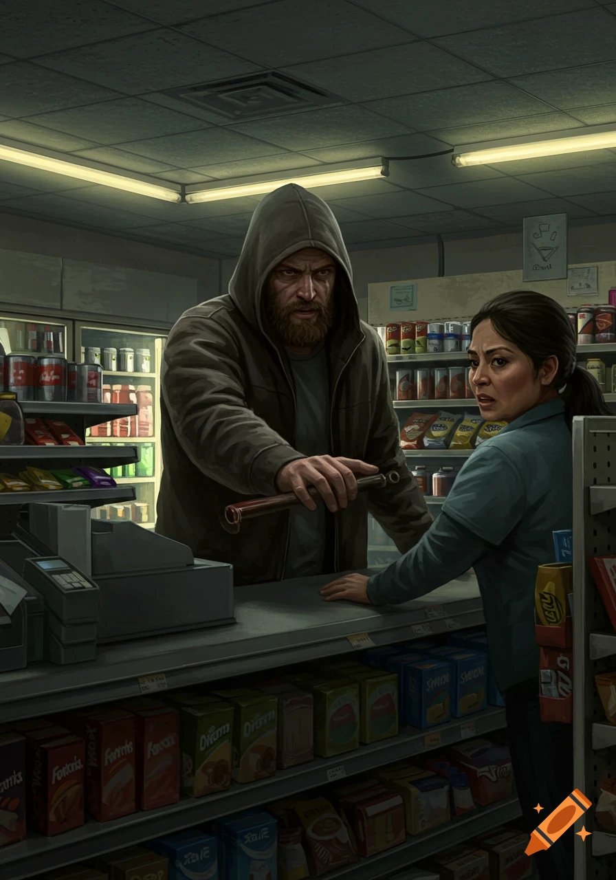 A hooded man with a pipe or gun robs a woman behind the counter in a dimly lit convenience store.