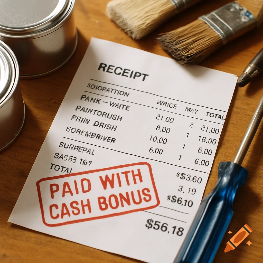 A receipt with a 'Paid with Cash Bonus' stamp lies on a wooden surface next to paint cans, brushes, and a screwdriver.