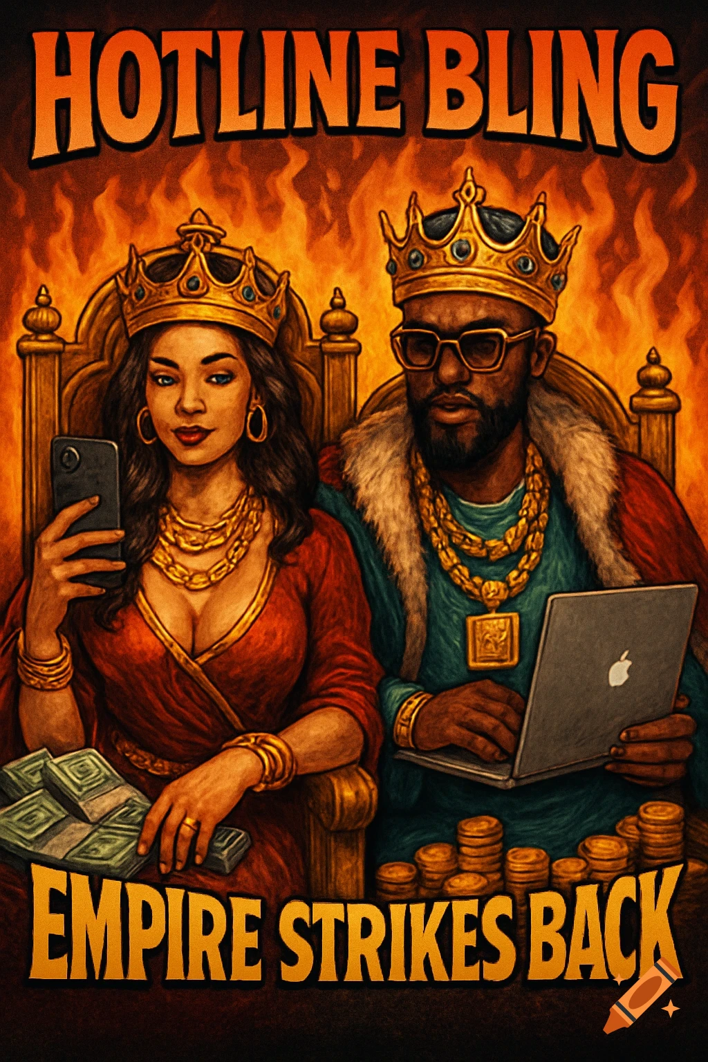 Illustration of a king and queen on thrones surrounded by money and tech, with fire in the background.