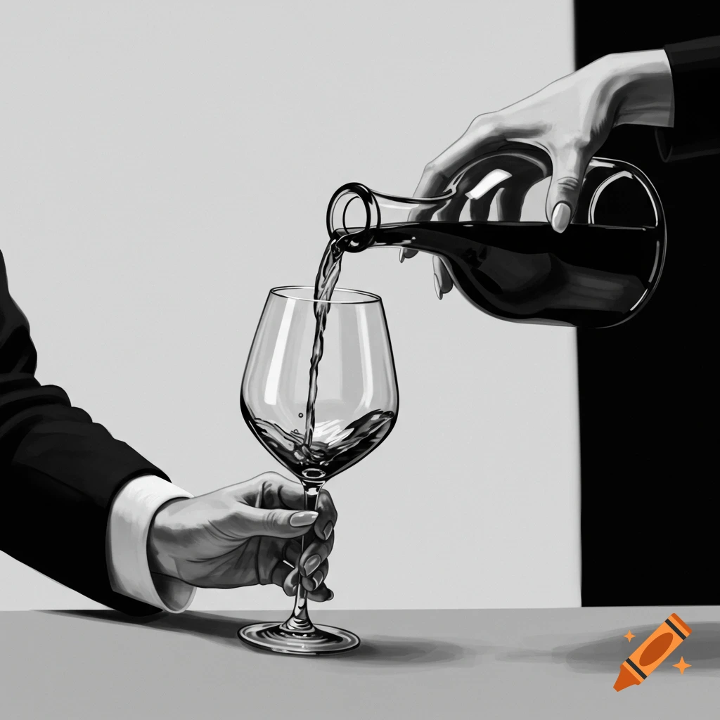 Black and white illustration of hands pouring wine into a glass.