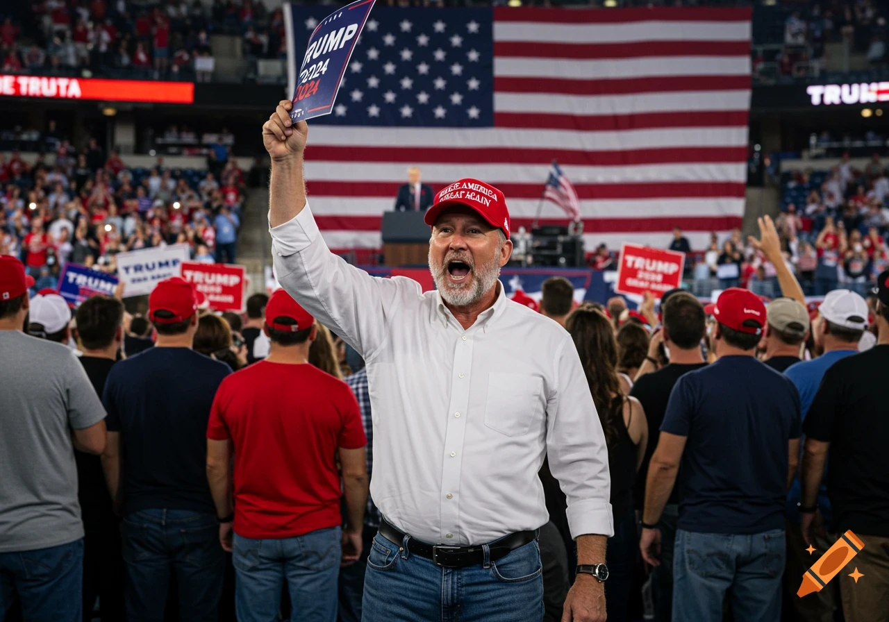 A man in a white shirt and red cap cheers, holding a 'TRUMP 2024' sign at a political rally with a large American flag behind him.