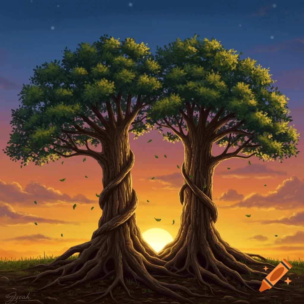Two intertwined trees against a vibrant sunset sky.