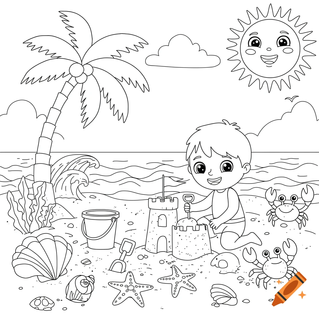 Coloring page of a boy building a sandcastle on a beach with a palm tree, sun, and crabs