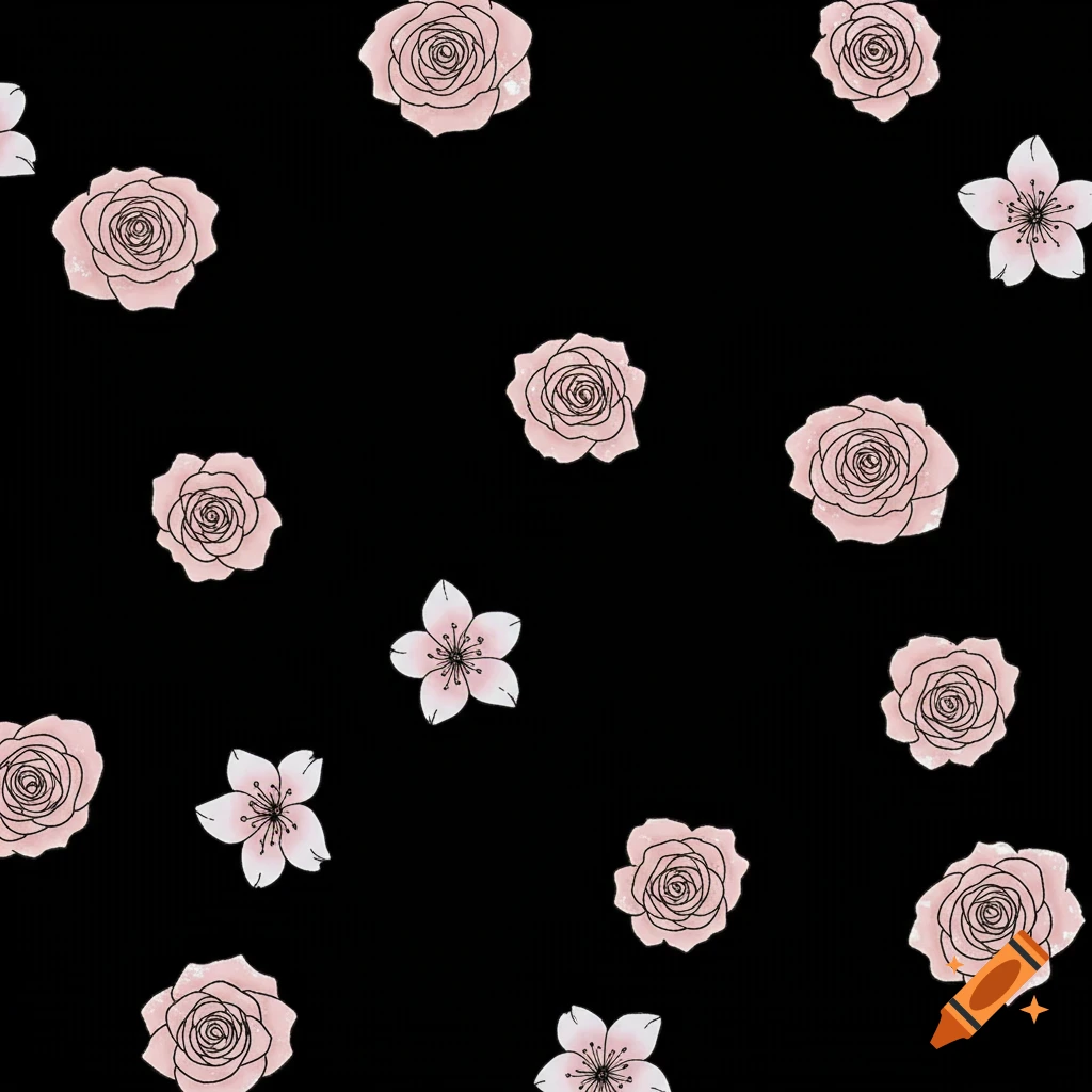 Pink roses and white flowers on a black background, repeating pattern.