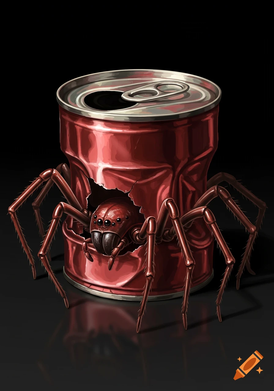 Illustration of a red spider emerging from a ripped red soda can.