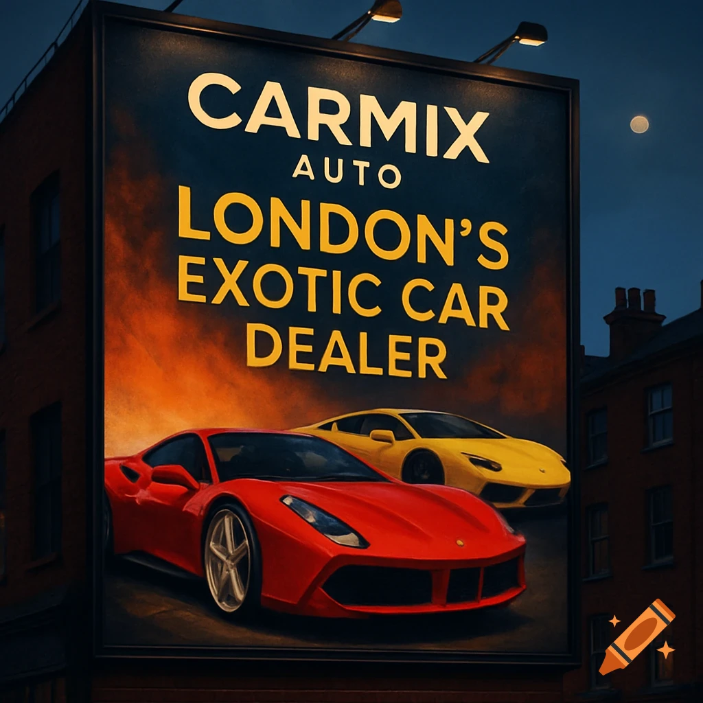 A billboard in London at night advertising an exotic car dealer, featuring a red and a yellow sports car.