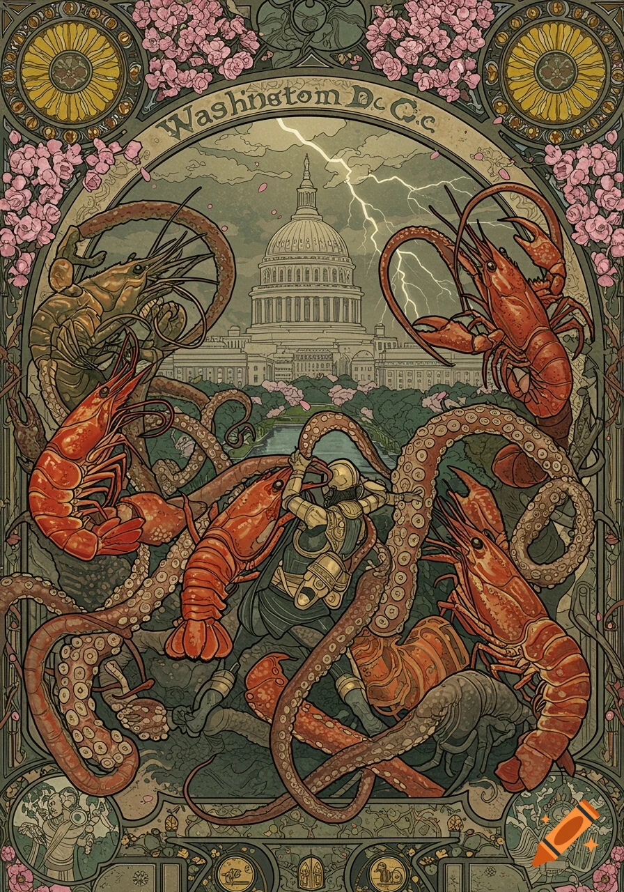 Art Nouveau style illustration of a figure battling giant lobsters and tentacles in front of the US Capitol, with cherry blossoms and lightning.