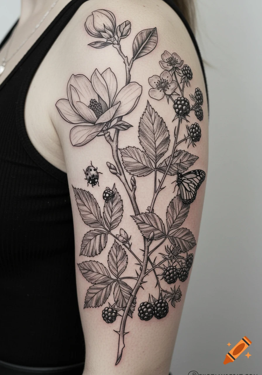Black and white botanical tattoo of magnolia, blackberry vine, ladybugs, and a butterfly on an arm.