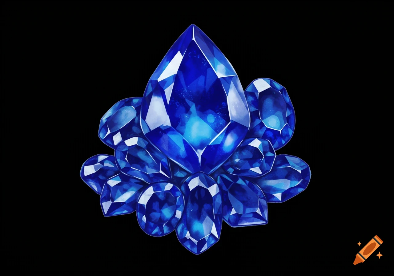 An illustration of blue gemstones on a black background.