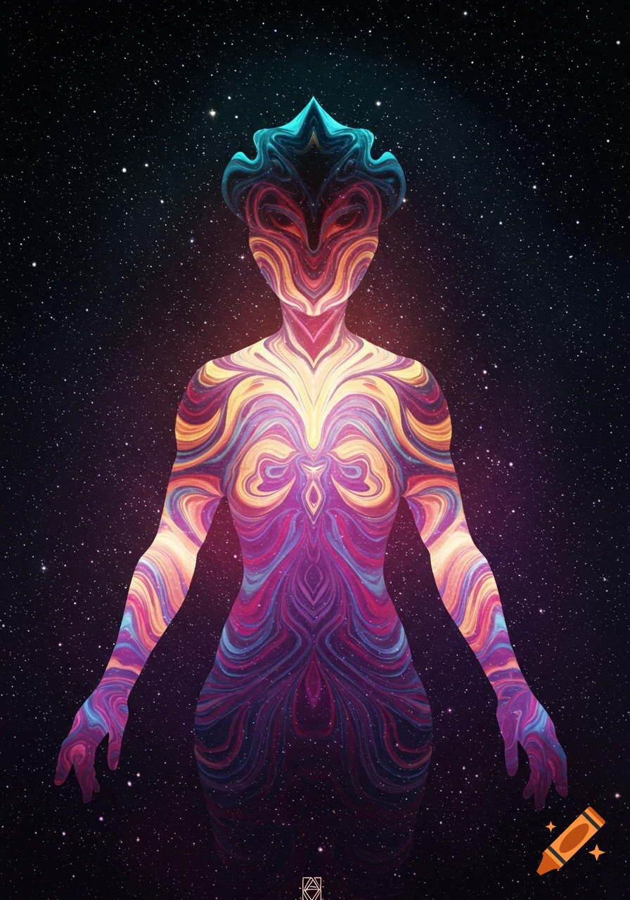 A stylized abstract figure covered in swirling colorful patterns against a starry space background.