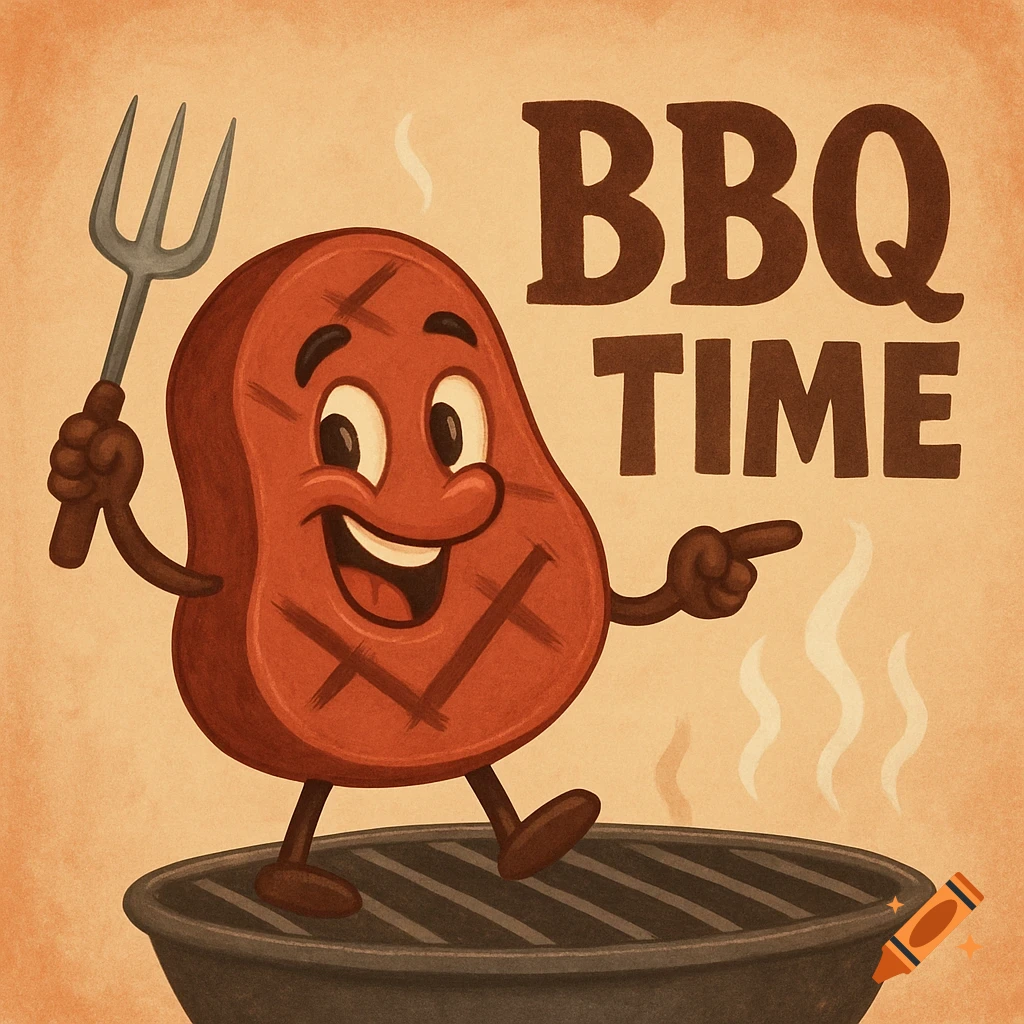 Cartoon steak character on a BBQ grill with a fork and 'BBQ TIME' text in an illustrative style.