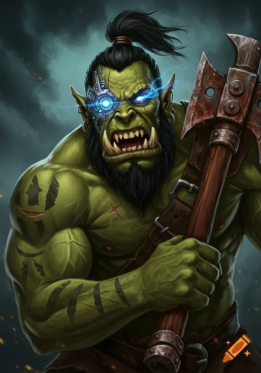 Close-up portrait of a muscular green orc with a glowing cybernetic eye and an axe, digital painting.