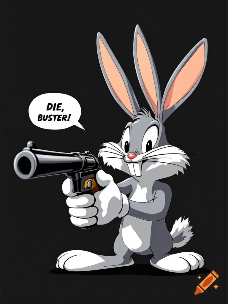Cartoon of Bugs Bunny pointing a gun with a speech bubble saying 'DIE, BUSTER!'