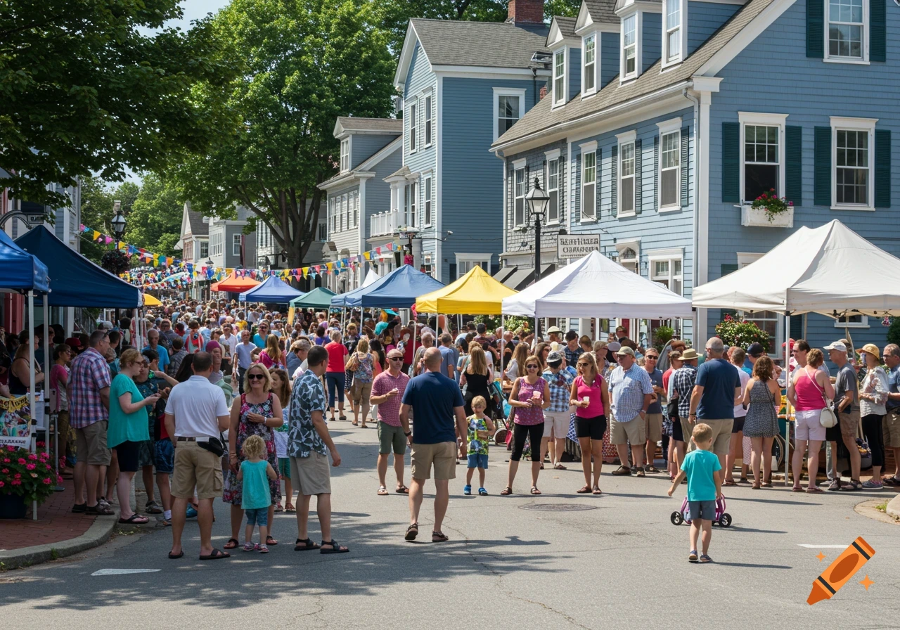 Crowded street fair with tents and people in a town.