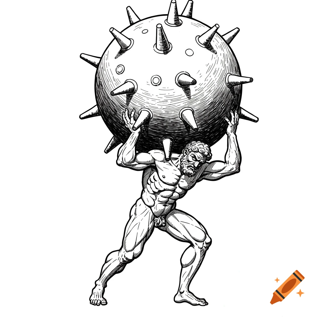 Line drawing of Atlas carrying a sea mine on his shoulders