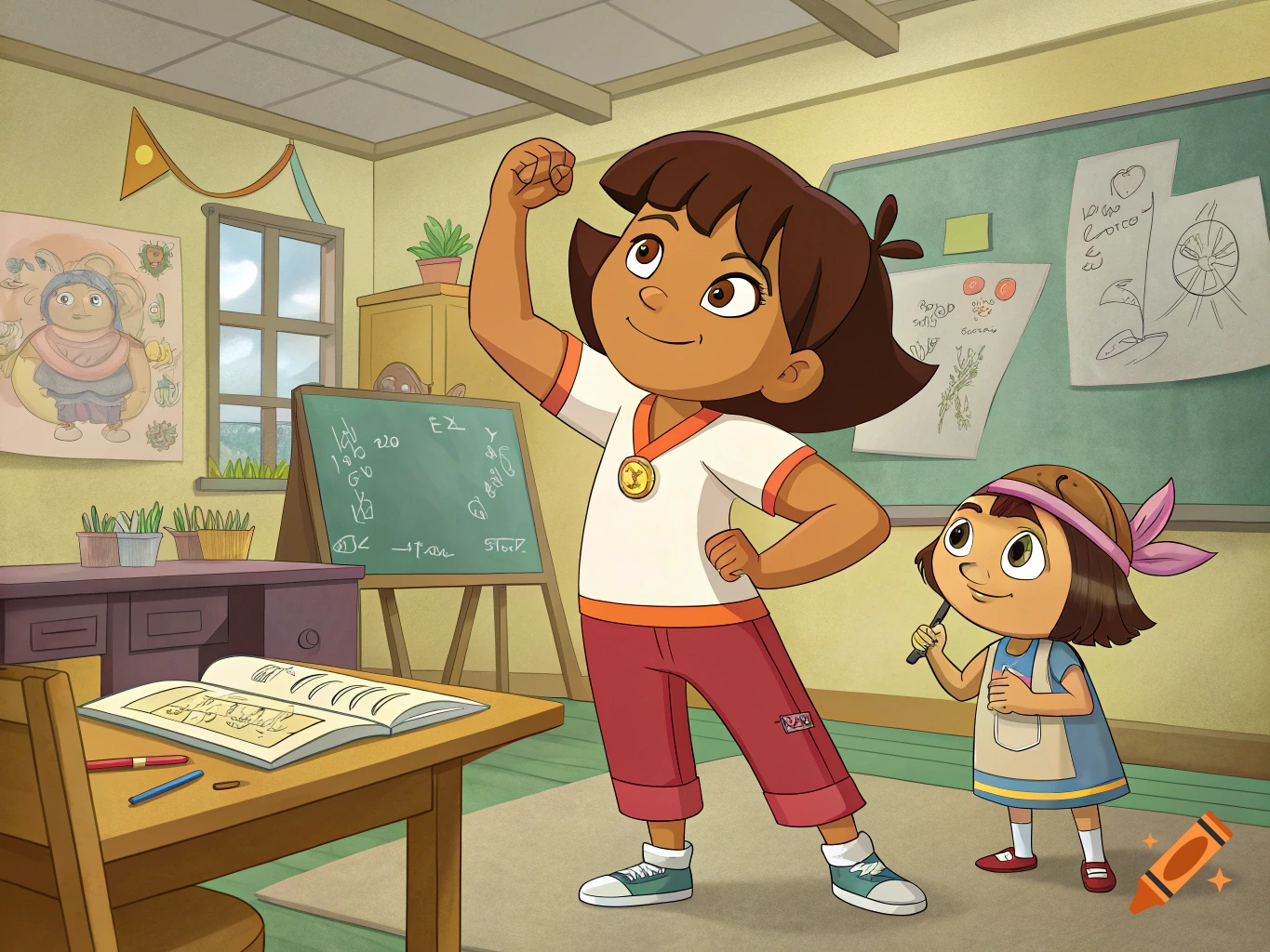 Cartoon of a girl flexing her arm while another girl draws her in a classroom.