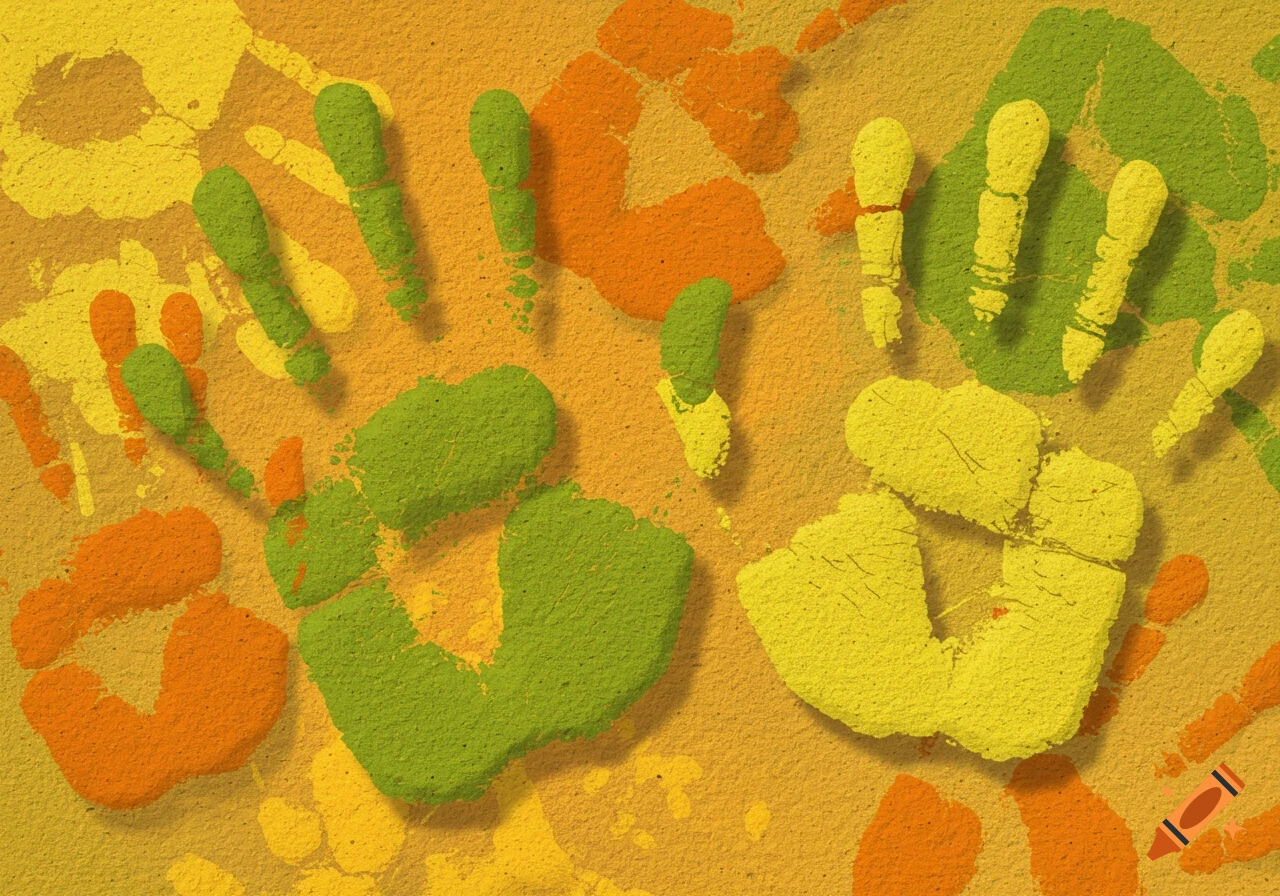 Multiple green, orange, and yellow handprints on a sandy texture background with shadows.