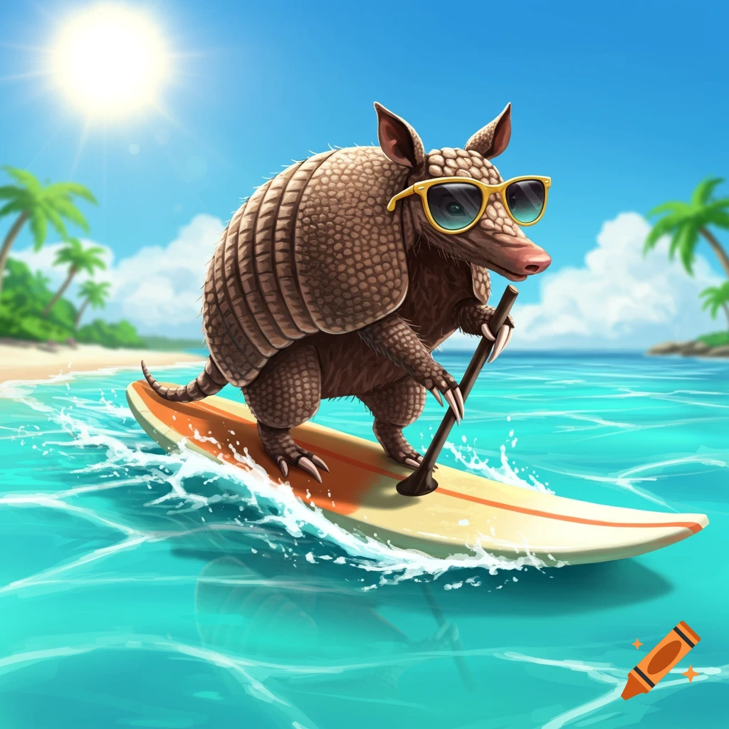 Cartoon armadillo in sunglasses paddles a surfboard in the ocean near a beach