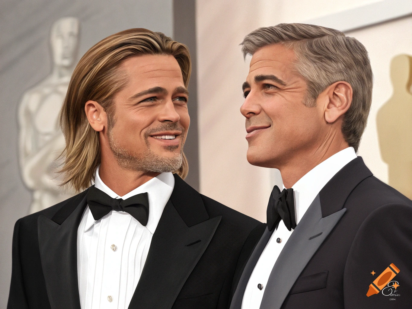 Likenesses of Brad Pitt and George Clooney in tuxedos at an event