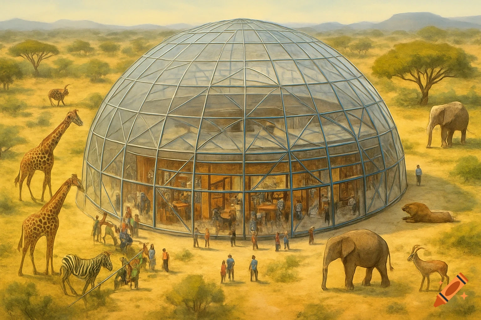 A large glass dome structure in a savanna landscape with giraffes, elephants, zebras, and antelopes outside and people visible inside.