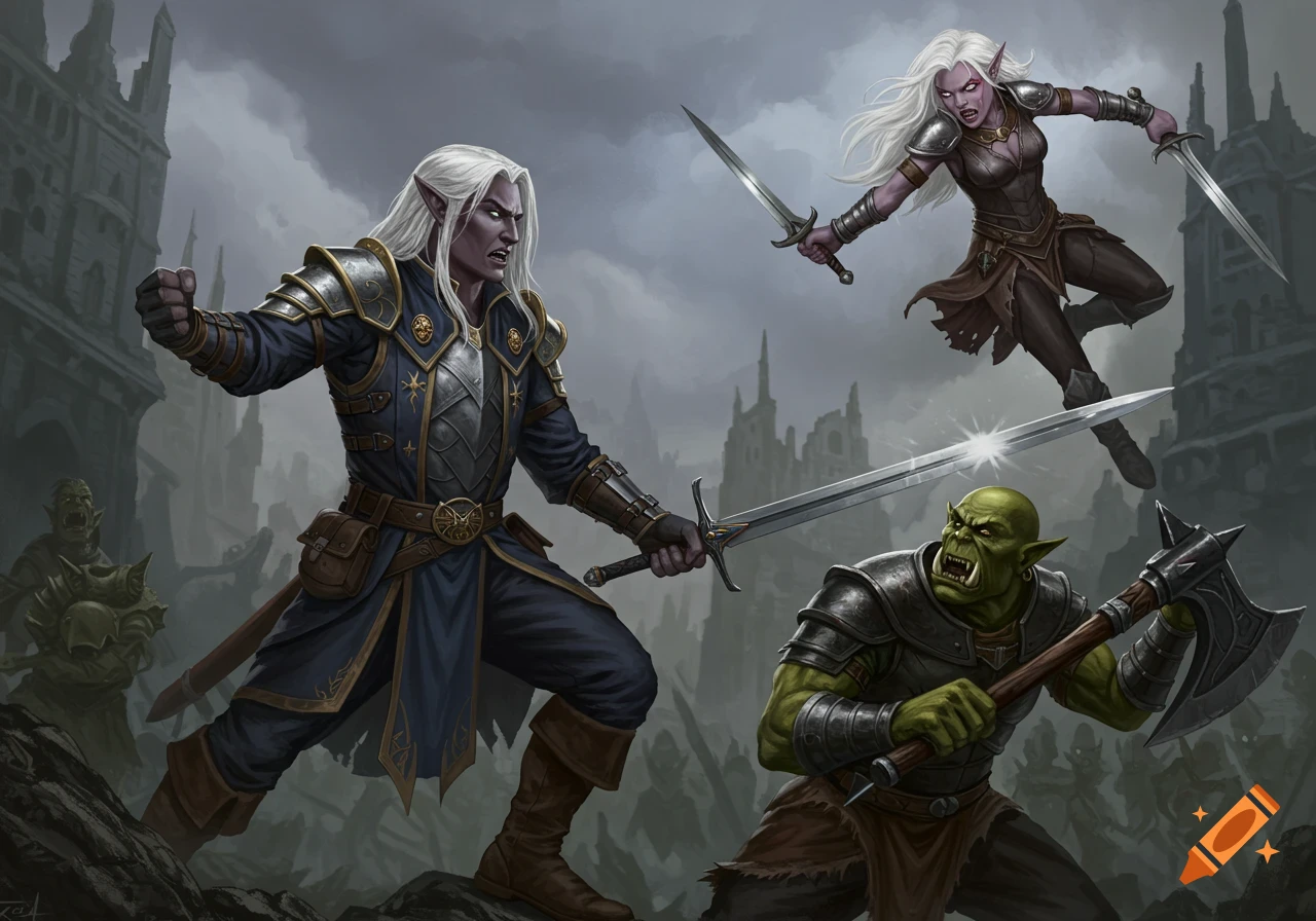 Fantasy art of dark elves and an orc in combat in a ruined city.