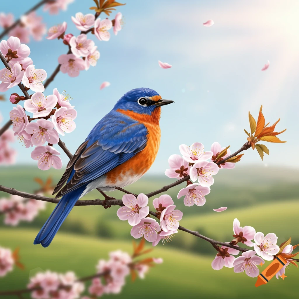 A bluebird sits on a branch with pink cherry blossoms, in a spring meadow.