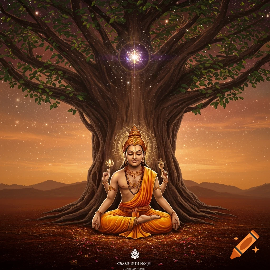 Four-armed spiritual figure meditating under a large tree with cosmic light at sunset
